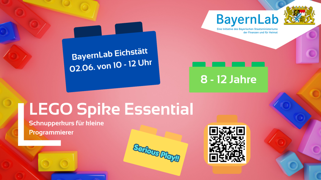 Veranstaltungsposter für den Lego SPIKE Essential-Workshop in den Pfingstferien.